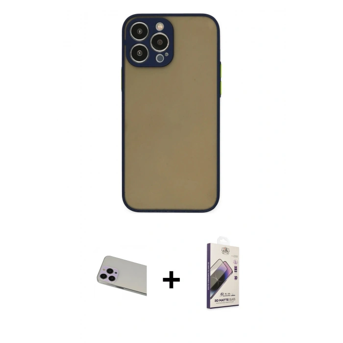 MARSİLYAN™- iPhone 13 Pro Max Kılıf Ahenk Çizgi Serisi - Siyah Bilvis 3D Mat Cam Ekran Koruyucu + Rainbow Kamera Lens Koruma Cam - MR