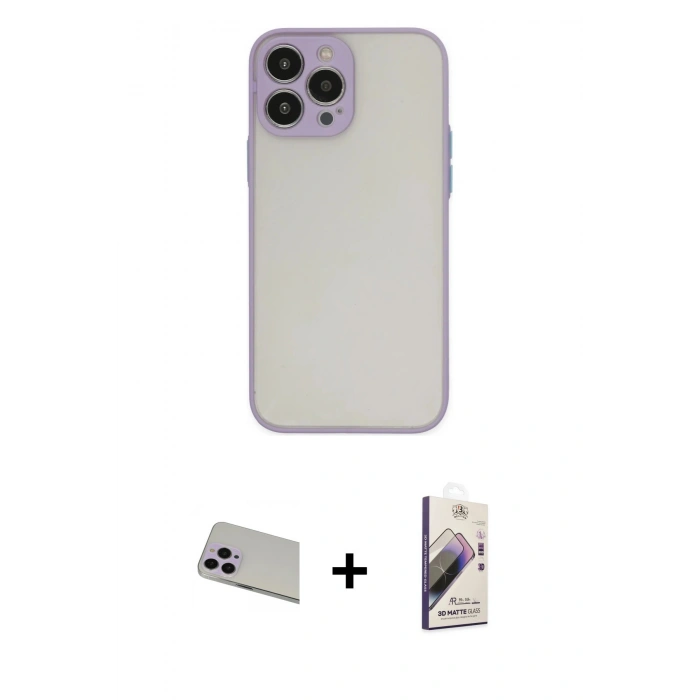 MARSİLYAN™- iPhone 13 Pro Max Kılıf Ahenk Çizgi Serisi - Siyah Bilvis 3D Mat Cam Ekran Koruyucu + Rainbow Kamera Lens Koruma Cam - MR