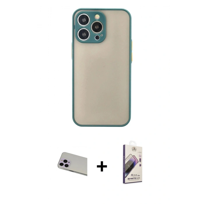 MARSİLYAN™- iPhone 13 Pro Max Kılıf Ahenk Çizgi Serisi - Siyah Bilvis 3D Mat Cam Ekran Koruyucu + Rainbow Kamera Lens Koruma Cam - MR