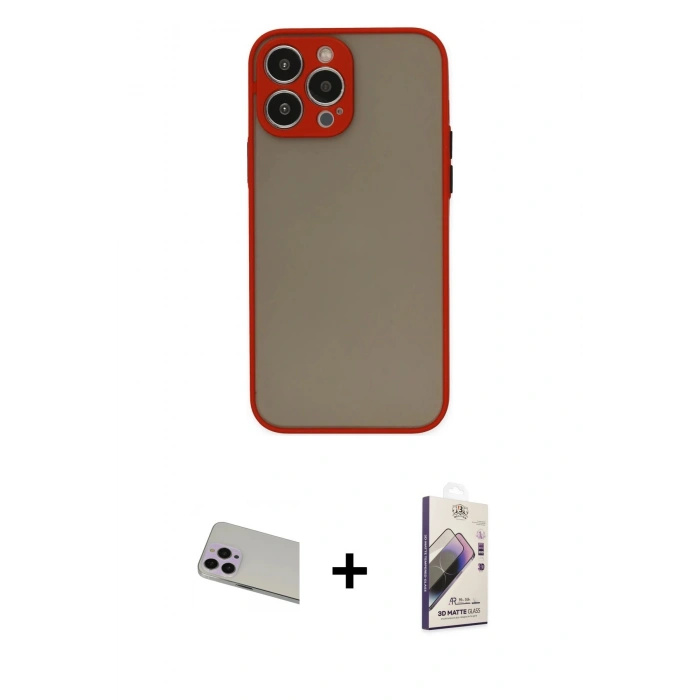 MARSİLYAN™- iPhone 13 Pro Max Kılıf Ahenk Çizgi Serisi - Siyah Bilvis 3D Mat Cam Ekran Koruyucu + Rainbow Kamera Lens Koruma Cam - MR