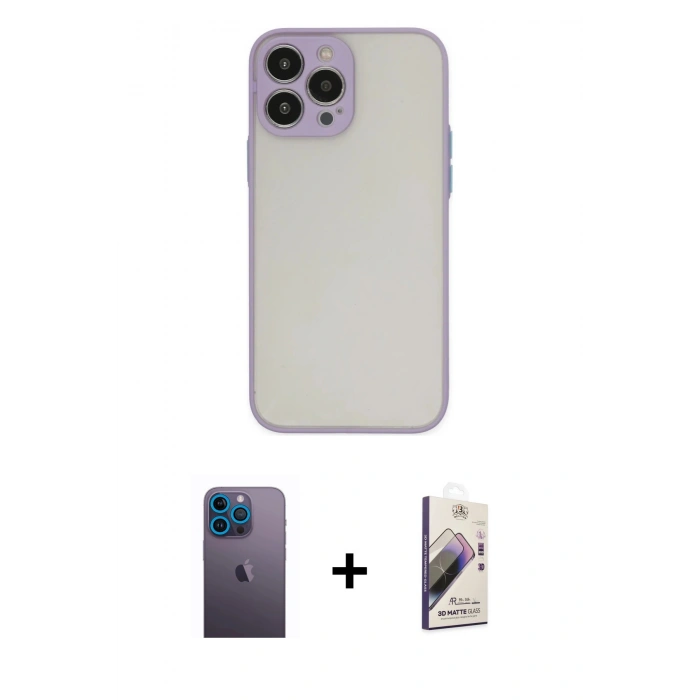 MARSİLYAN™- iPhone 13 Pro Max Kılıf Ahenk Çizgi Serisi - Siyah Bilvis 3D Mat Cam Ekran Koruyucu + Neon Fosforlu Kamera Lens - MI