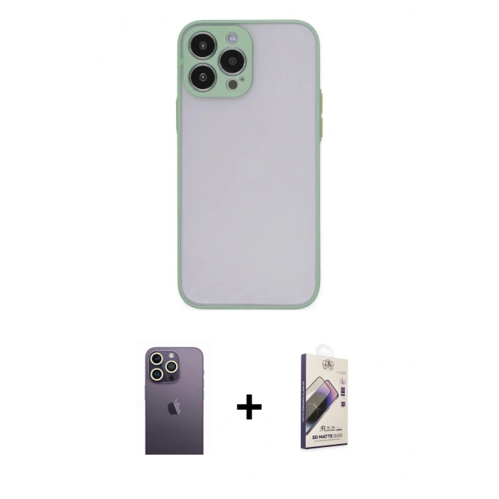 MARSİLYAN™- iPhone 13 Pro Max Kılıf Ahenk Çizgi Serisi - Siyah Bilvis 3D Mat Cam Ekran Koruyucu + Neon Fosforlu Kamera Lens - BZ