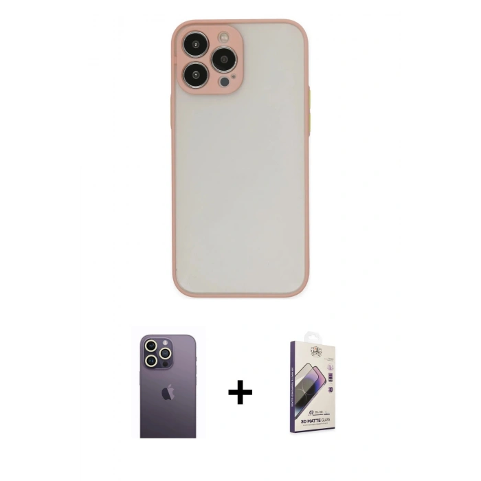 MARSİLYAN™- iPhone 13 Pro Max Kılıf Ahenk Çizgi Serisi - Siyah Bilvis 3D Mat Cam Ekran Koruyucu + Neon Fosforlu Kamera Lens - BZ