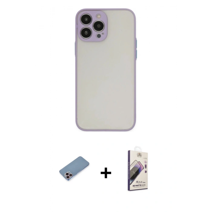 MARSİLYAN™- iPhone 13 Pro Max Kılıf Ahenk Çizgi Serisi - Siyah Bilvis 3D Mat Cam Ekran Koruyucu + Shine Kamera Lens Koruma Cam - PE
