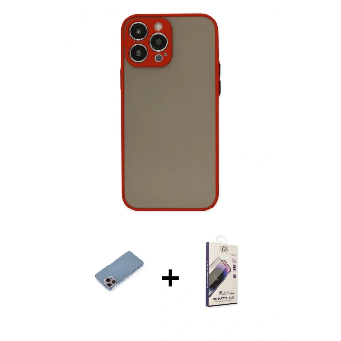 MARSİLYAN™- iPhone 13 Pro Max Kılıf Ahenk Çizgi Serisi - Siyah Bilvis 3D Mat Cam Ekran Koruyucu + Shine Kamera Lens Koruma Cam - PE