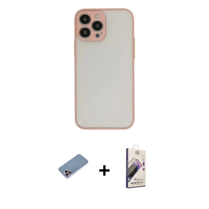 MARSİLYAN™- iPhone 13 Pro Max Kılıf Ahenk Çizgi Serisi - Siyah Bilvis 3D Mat Cam Ekran Koruyucu + Shine Kamera Lens Koruma Cam - PE
