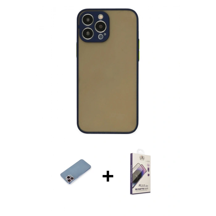 MARSİLYAN™- iPhone 13 Pro Max Kılıf Ahenk Çizgi Serisi - Siyah Bilvis 3D Mat Cam Ekran Koruyucu + Shine Kamera Lens Koruma Cam - PE