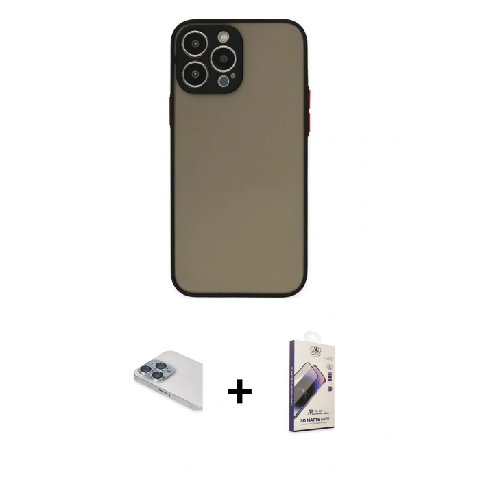 MARSİLYAN™- iPhone 13 Pro Max Kılıf Ahenk Çizgi Serisi - Siyah Bilvis 3D Mat Cam Ekran Koruyucu + Pers Alüminyum Kamera Lens - SABE