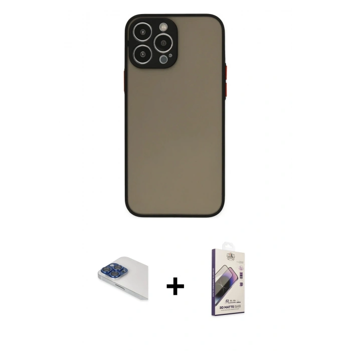 MARSİLYAN™- iPhone 13 Pro Max Kılıf Ahenk Çizgi Serisi - Siyah Bilvis 3D Mat Cam Ekran Koruyucu + Pers Alüminyum Kamera Lens - LT