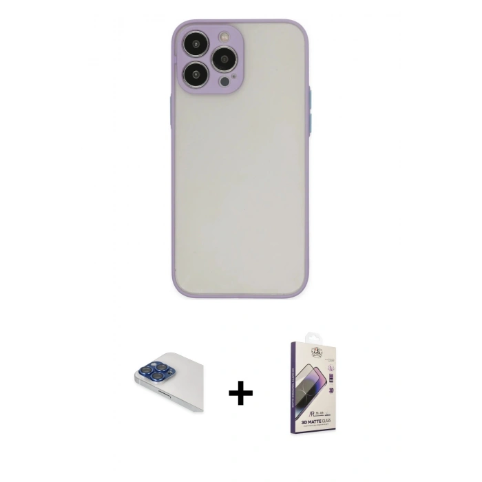 MARSİLYAN™- iPhone 13 Pro Max Kılıf Ahenk Çizgi Serisi - Siyah Bilvis 3D Mat Cam Ekran Koruyucu + Pers Alüminyum Kamera Lens - LT