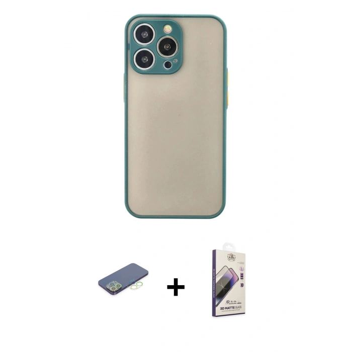 MARSİLYAN™- iPhone 13 Pro Max Kılıf Ahenk Çizgi Serisi - Siyah Bilvis 3D Mat Cam Ekran Koruyucu + Renkli Kamera Lens Koruma Cam - YL