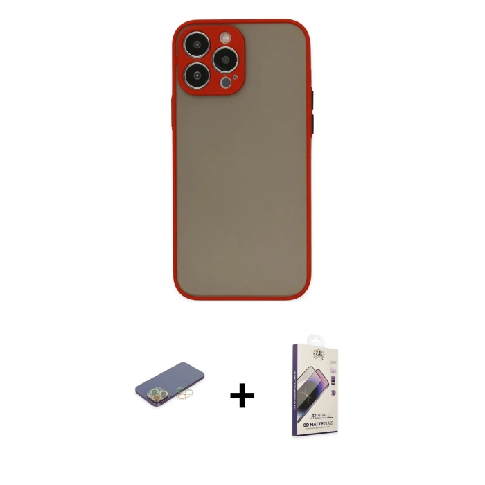 MARSİLYAN™- iPhone 13 Pro Max Kılıf Ahenk Çizgi Serisi - Siyah Bilvis 3D Mat Cam Ekran Koruyucu + Renkli Kamera Lens Koruma Cam - SI