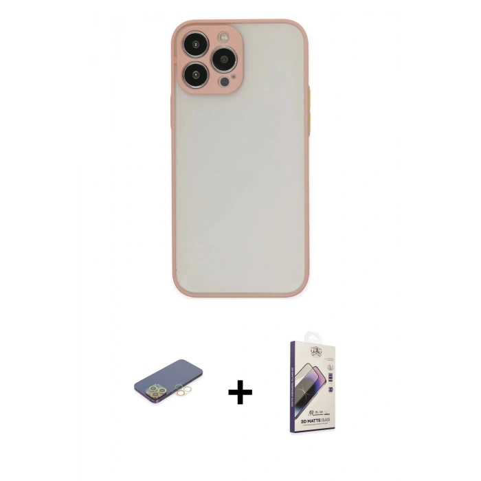 MARSİLYAN™- iPhone 13 Pro Max Kılıf Ahenk Çizgi Serisi - Siyah Bilvis 3D Mat Cam Ekran Koruyucu + Renkli Kamera Lens Koruma Cam - SI