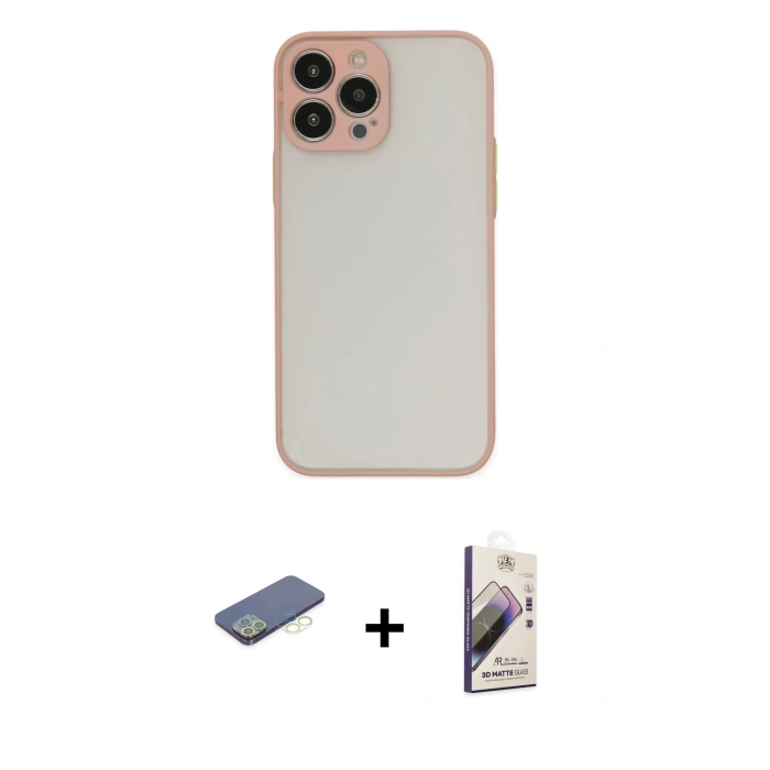 MARSİLYAN™- iPhone 13 Pro Max Kılıf Ahenk Çizgi Serisi - Siyah Bilvis 3D Mat Cam Ekran Koruyucu + Renkli Kamera Lens Koruma Cam - YL