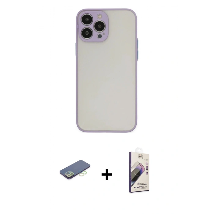 MARSİLYAN™- iPhone 13 Pro Max Kılıf Ahenk Çizgi Serisi - Siyah Bilvis 3D Mat Cam Ekran Koruyucu + Renkli Kamera Lens Koruma Cam - YL