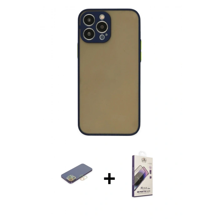 MARSİLYAN™- iPhone 13 Pro Max Kılıf Ahenk Çizgi Serisi - Siyah Bilvis 3D Mat Cam Ekran Koruyucu + Renkli Kamera Lens Koruma Cam - SI