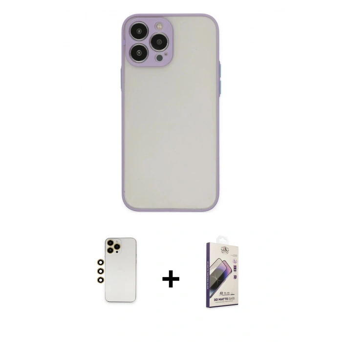 MARSİLYAN™- iPhone 13 Pro Max Kılıf Ahenk Çizgi Serisi - Siyah Bilvis 3D Mat Cam Ekran Koruyucu + Shine Kamera Lens - GD