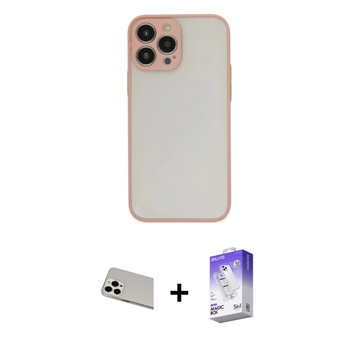 MARSİLYAN™- iPhone 13 Pro Max Kılıf Ahenk Çizgi Serisi - Siyah Bilvis 5in1 3D Magic Cam Ekran Koruyucu + Beyaz Rainbow Kamera Lens Koruma Cam