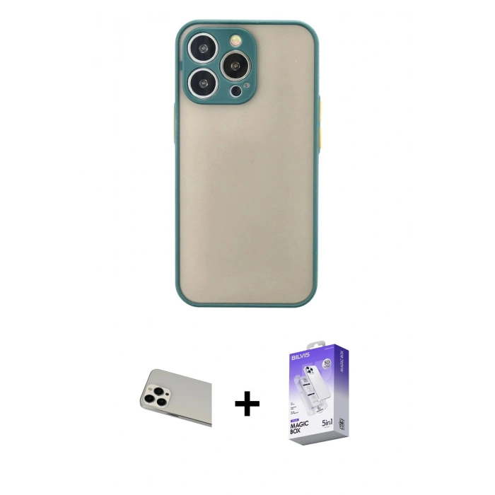 MARSİLYAN™- iPhone 13 Pro Max Kılıf Ahenk Çizgi Serisi - Siyah Bilvis 5in1 3D Magic Cam Ekran Koruyucu + Beyaz Rainbow Kamera Lens Koruma Cam