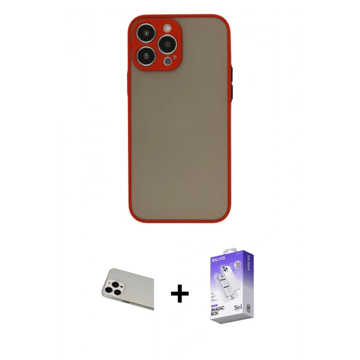 MARSİLYAN™- iPhone 13 Pro Max Kılıf Ahenk Çizgi Serisi - Siyah Bilvis 5in1 3D Magic Cam Ekran Koruyucu + Beyaz Rainbow Kamera Lens Koruma Cam