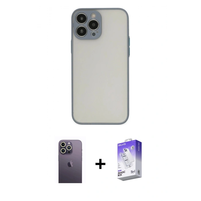 MARSİLYAN™- iPhone 13 Pro Max Kılıf Ahenk Çizgi Serisi - Siyah Bilvis 5in1 3D Magic Cam Ekran Koruyucu + Neon Fosforlu Kamera Lens - BZ