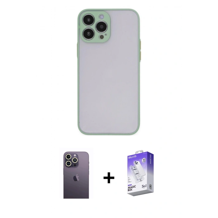MARSİLYAN™- iPhone 13 Pro Max Kılıf Ahenk Çizgi Serisi - Siyah Bilvis 5in1 3D Magic Cam Ekran Koruyucu + Neon Fosforlu Kamera Lens - BZ