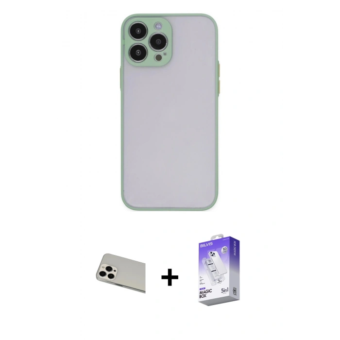 MARSİLYAN™- iPhone 13 Pro Max Kılıf Ahenk Çizgi Serisi - Siyah Bilvis 5in1 3D Magic Cam Ekran Koruyucu + Beyaz Rainbow Kamera Lens Koruma Cam