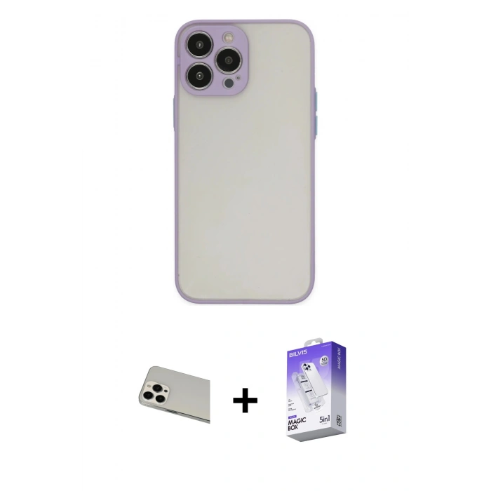 MARSİLYAN™- iPhone 13 Pro Max Kılıf Ahenk Çizgi Serisi - Siyah Bilvis 5in1 3D Magic Cam Ekran Koruyucu + Beyaz Rainbow Kamera Lens Koruma Cam