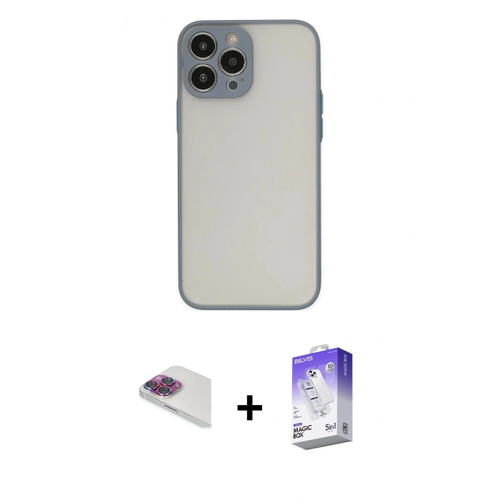 MARSİLYAN™- iPhone 13 Pro Max Kılıf Ahenk Çizgi Serisi - Siyah Bilvis 5in1 3D Magic Cam Ekran Koruyucu + Pers Alüminyum Kamera Lens - GI