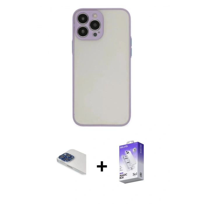 MARSİLYAN™- iPhone 13 Pro Max Kılıf Ahenk Çizgi Serisi - Siyah Bilvis 5in1 3D Magic Cam Ekran Koruyucu + Pers Alüminyum Kamera Lens - LT