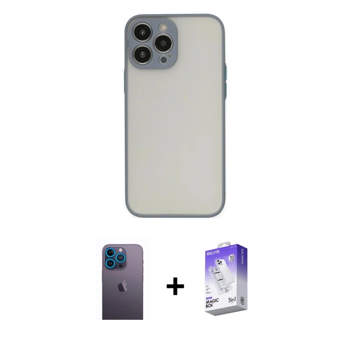 MARSİLYAN™- iPhone 13 Pro Max Kılıf Ahenk Çizgi Serisi - Siyah Bilvis 5in1 3D Magic Cam Ekran Koruyucu + Neon Fosforlu Kamera Lens - MI