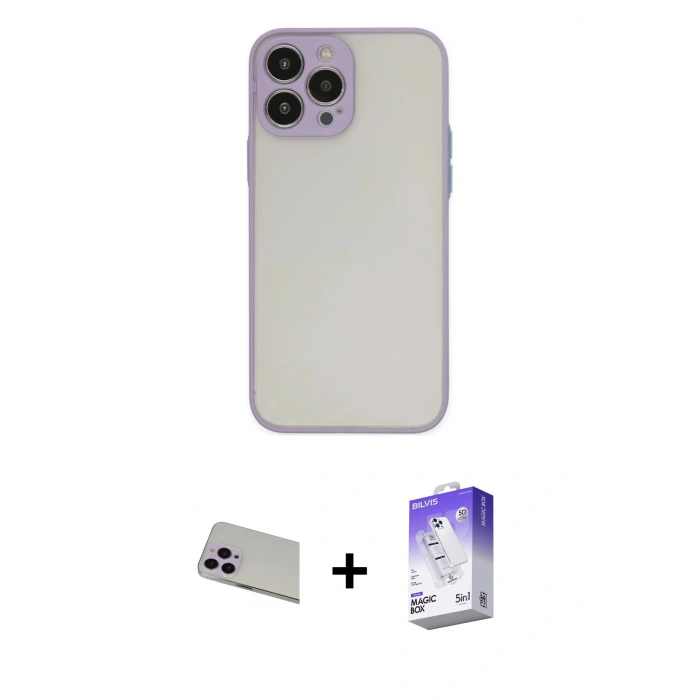MARSİLYAN™- iPhone 13 Pro Max Kılıf Ahenk Çizgi Serisi - Siyah Bilvis 5in1 3D Magic Cam Ekran Koruyucu + Rainbow Kamera Lens Koruma Cam - MR