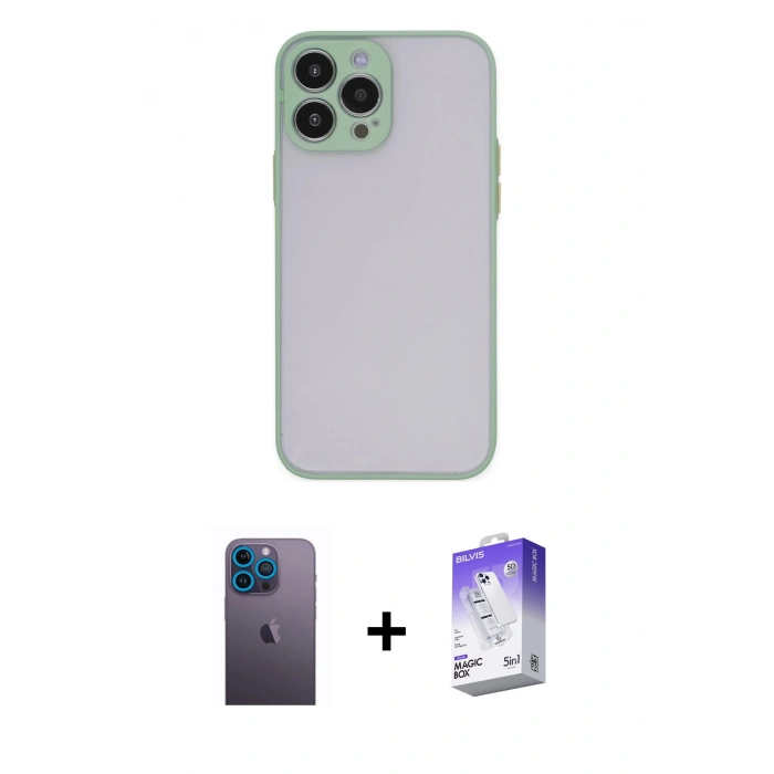 MARSİLYAN™- iPhone 13 Pro Max Kılıf Ahenk Çizgi Serisi - Siyah Bilvis 5in1 3D Magic Cam Ekran Koruyucu + Neon Fosforlu Kamera Lens - MI