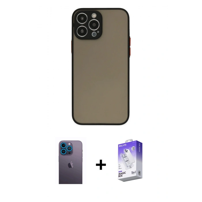 MARSİLYAN™- iPhone 13 Pro Max Kılıf Ahenk Çizgi Serisi - Siyah Bilvis 5in1 3D Magic Cam Ekran Koruyucu + Neon Fosforlu Kamera Lens - MI