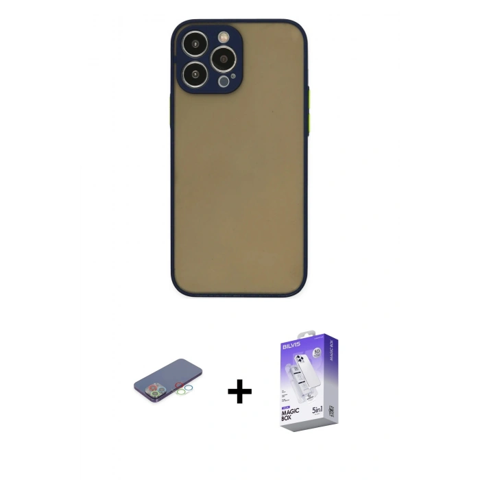 MARSİLYAN™- iPhone 13 Pro Max Kılıf Ahenk Çizgi Serisi - Siyah Bilvis 5in1 3D Magic Cam Ekran Koruyucu + Mavi Renkli Kamera Lens Koruma Cam