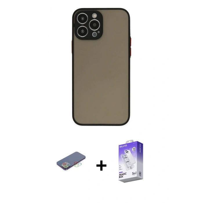 MARSİLYAN™- iPhone 13 Pro Max Kılıf Ahenk Çizgi Serisi - Siyah Bilvis 5in1 3D Magic Cam Ekran Koruyucu + Mavi Renkli Kamera Lens Koruma Cam