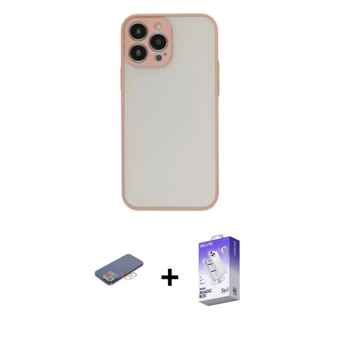 MARSİLYAN™- iPhone 13 Pro Max Kılıf Ahenk Çizgi Serisi - Siyah Bilvis 5in1 3D Magic Cam Ekran Koruyucu + Mavi Renkli Kamera Lens Koruma Cam