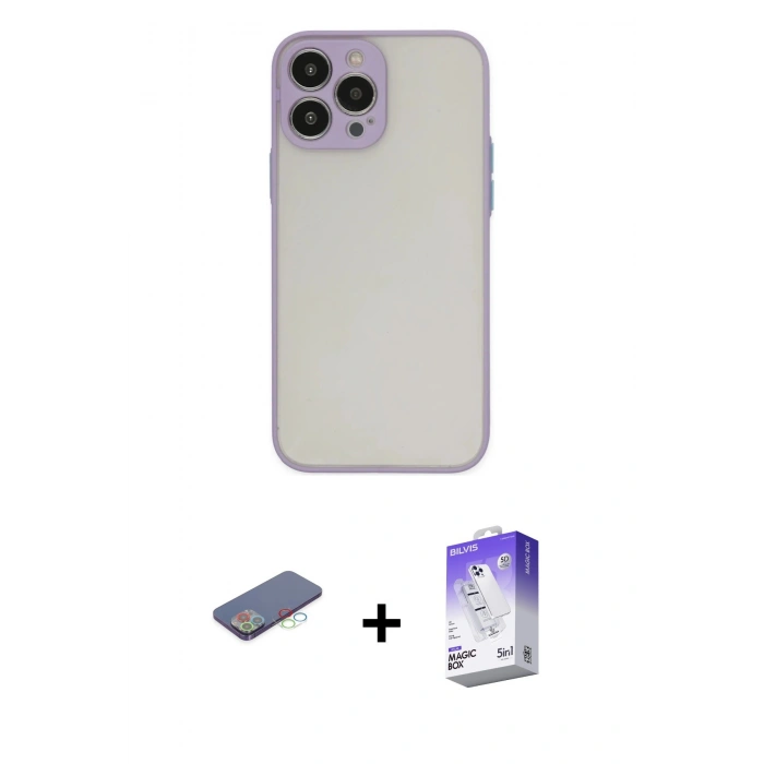 MARSİLYAN™- iPhone 13 Pro Max Kılıf Ahenk Çizgi Serisi - Siyah Bilvis 5in1 3D Magic Cam Ekran Koruyucu + Mavi Renkli Kamera Lens Koruma Cam