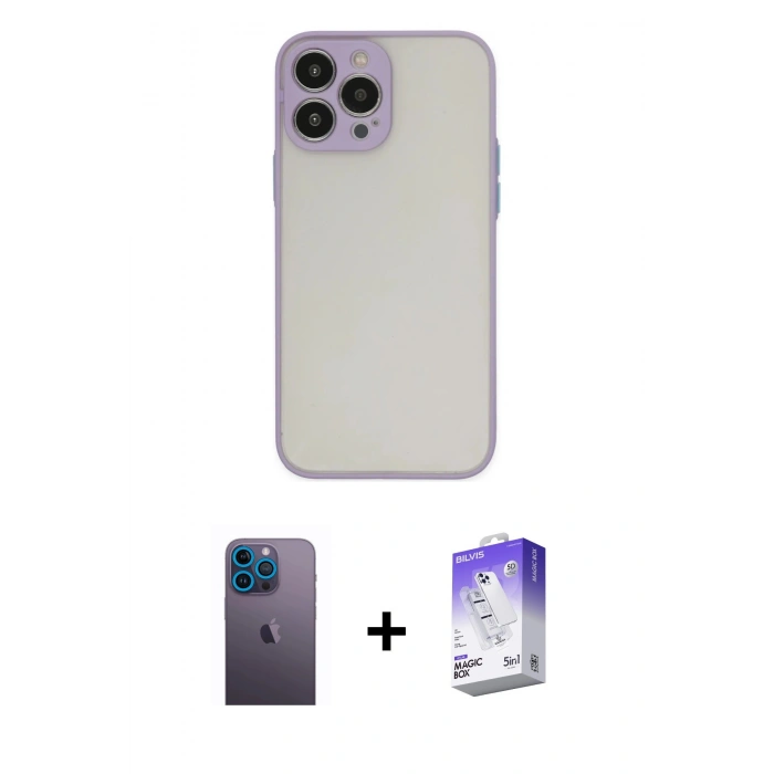 MARSİLYAN™- iPhone 13 Pro Max Kılıf Ahenk Çizgi Serisi - Siyah Bilvis 5in1 3D Magic Cam Ekran Koruyucu + Neon Fosforlu Kamera Lens - MI