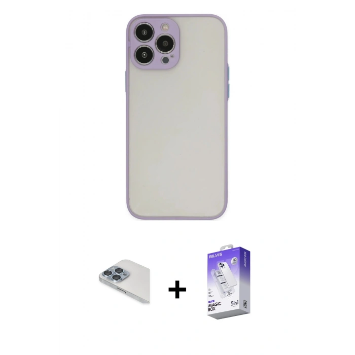 MARSİLYAN™- iPhone 13 Pro Max Kılıf Ahenk Çizgi Serisi - Siyah Bilvis 5in1 3D Magic Cam Ekran Koruyucu + Pers Alüminyum Kamera Lens - SABE