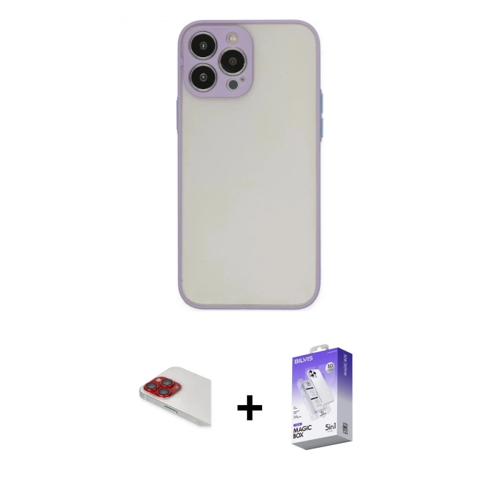 MARSİLYAN™- iPhone 13 Pro Max Kılıf Ahenk Çizgi Serisi - Siyah Bilvis 5in1 3D Magic Cam Ekran Koruyucu + Pers Alüminyum Kamera Lens - KI