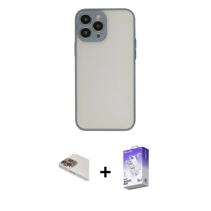 MARSİLYAN™- iPhone 13 Pro Max Kılıf Ahenk Çizgi Serisi - Siyah Bilvis 5in1 3D Magic Cam Ekran Koruyucu + Pers Alüminyum Kamera Lens - GD