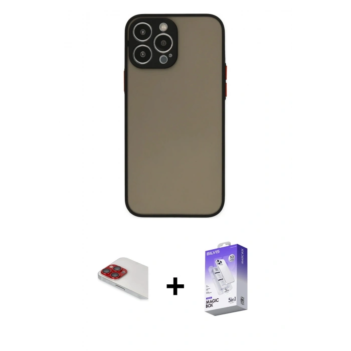 MARSİLYAN™- iPhone 13 Pro Max Kılıf Ahenk Çizgi Serisi - Siyah Bilvis 5in1 3D Magic Cam Ekran Koruyucu + Pers Alüminyum Kamera Lens - KI