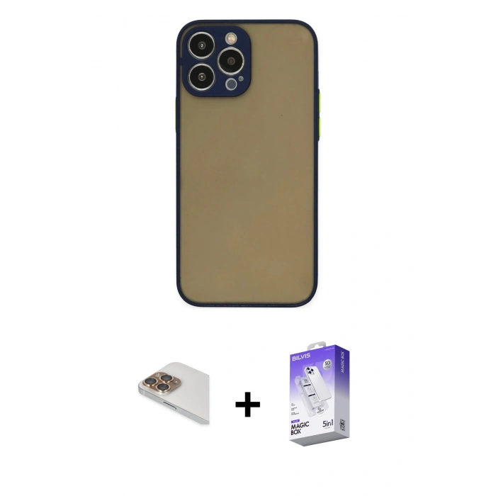 MARSİLYAN™- iPhone 13 Pro Max Kılıf Ahenk Çizgi Serisi - Siyah Bilvis 5in1 3D Magic Cam Ekran Koruyucu + Pers Alüminyum Kamera Lens - GD