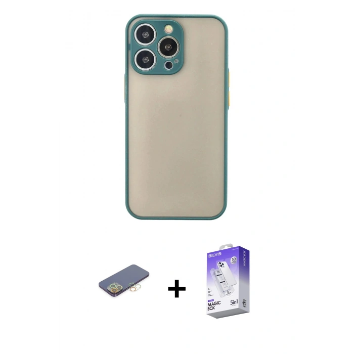 MARSİLYAN™- iPhone 13 Pro Max Kılıf Ahenk Çizgi Serisi - Siyah Bilvis 5in1 3D Magic Cam Ekran Koruyucu + Renkli Kamera Lens Koruma Cam - SI