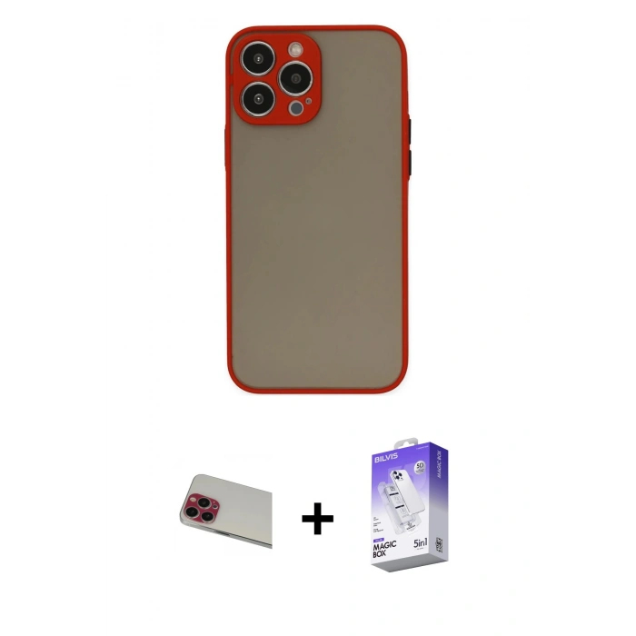 MARSİLYAN™- iPhone 13 Pro Max Kılıf Ahenk Çizgi Serisi - Siyah Bilvis 5in1 3D Magic Cam Ekran Koruyucu + Rainbow Kamera Lens Koruma Cam - KI