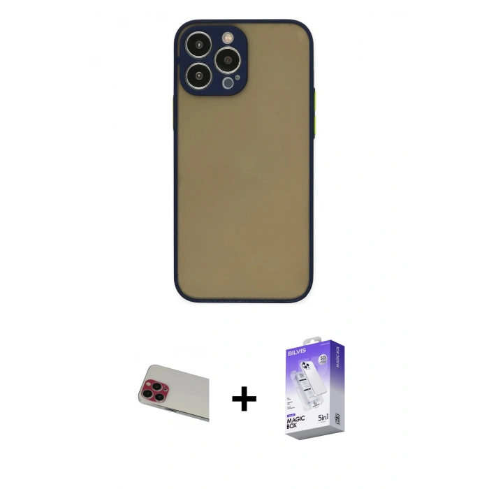 MARSİLYAN™- iPhone 13 Pro Max Kılıf Ahenk Çizgi Serisi - Siyah Bilvis 5in1 3D Magic Cam Ekran Koruyucu + Rainbow Kamera Lens Koruma Cam - KI