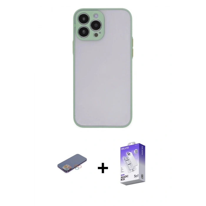 MARSİLYAN™- iPhone 13 Pro Max Kılıf Ahenk Çizgi Serisi - Siyah Bilvis 5in1 3D Magic Cam Ekran Koruyucu + Renkli Kamera Lens Koruma Cam - PE