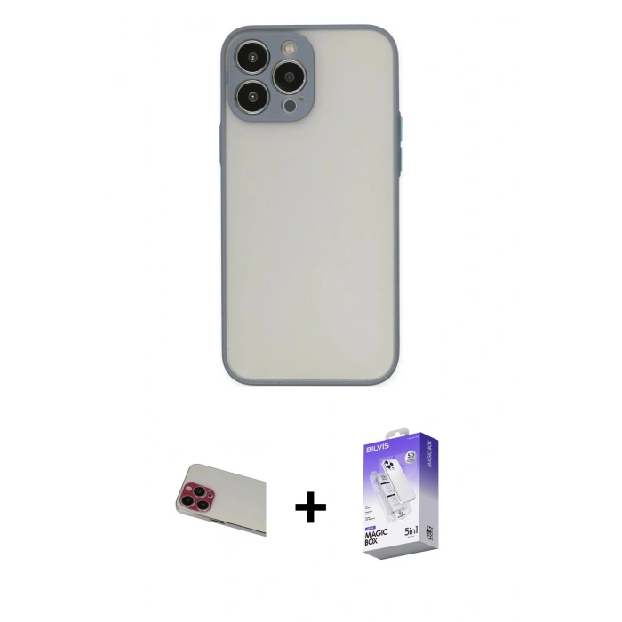 MARSİLYAN™- iPhone 13 Pro Max Kılıf Ahenk Çizgi Serisi - Siyah Bilvis 5in1 3D Magic Cam Ekran Koruyucu + Rainbow Kamera Lens Koruma Cam - KI