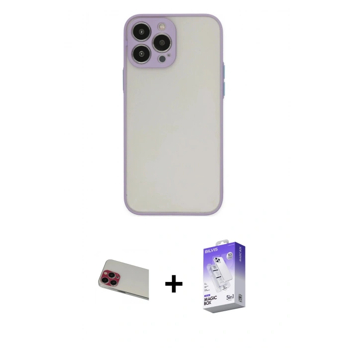 MARSİLYAN™- iPhone 13 Pro Max Kılıf Ahenk Çizgi Serisi - Siyah Bilvis 5in1 3D Magic Cam Ekran Koruyucu + Rainbow Kamera Lens Koruma Cam - KI